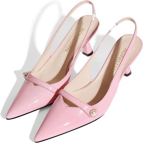 🆕Women Pink Kitten Sling Back Low Heel Pumps Closed Pointed Toe Pearl Heels - Picture 1 of 6
